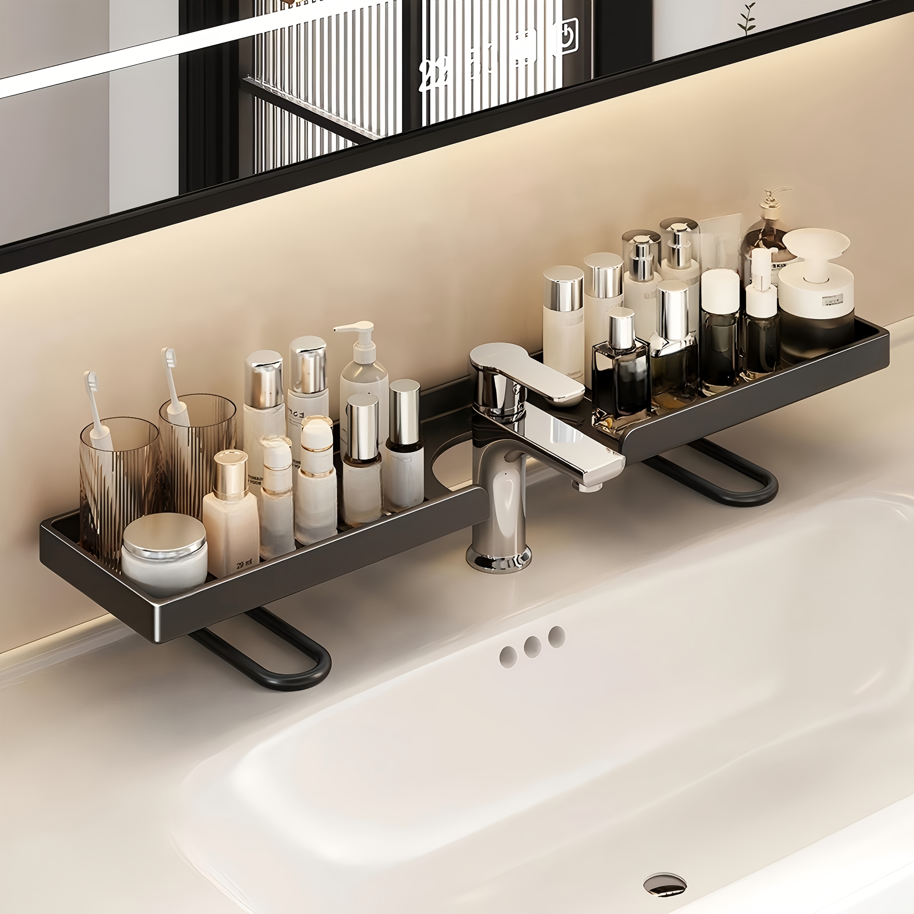Faucet Rack Storage, Suitable for Kitchen Sinks and Bathroom Countertops, Carbon Steel No-drill Faucet Storage Rack, Large Slot Design Fits Most Faucets, Sink Storage Box for Sponges, Soap, Skincare Products, Toiletries