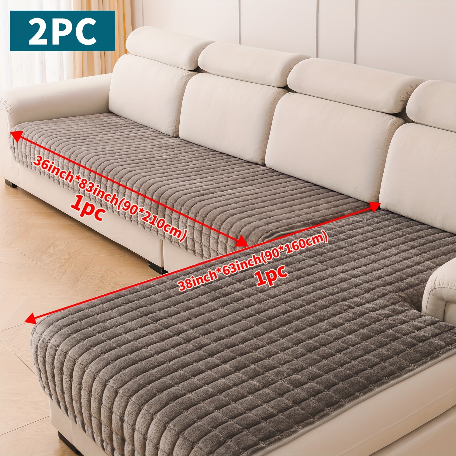 TEMU 2pcs Contemporary Design Quilted Short Plush Sofa Protector, Extremely Soft And Thick Plush For 3   Bed Chair Non-slip Sofa Mat, Pet-friendly,
