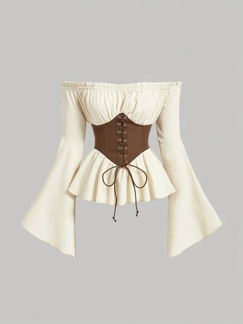 elegant off shoulder color block blouse sleeves womens fashion tie waist detail machine washable polyester spring summer fall
