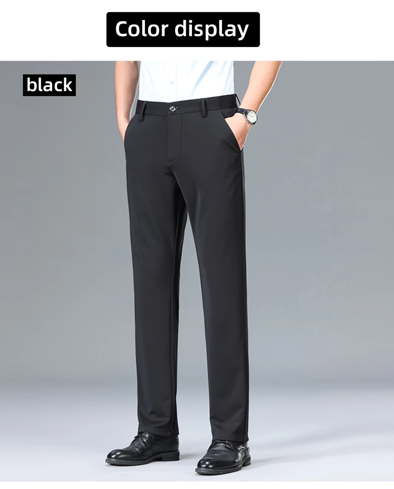 mens casual long pants black stretch fit dress pants waist regular fit polyester 94 spandex 5 button fly woven fabric 210g m alphabet pattern for weekend casual stretch details 4