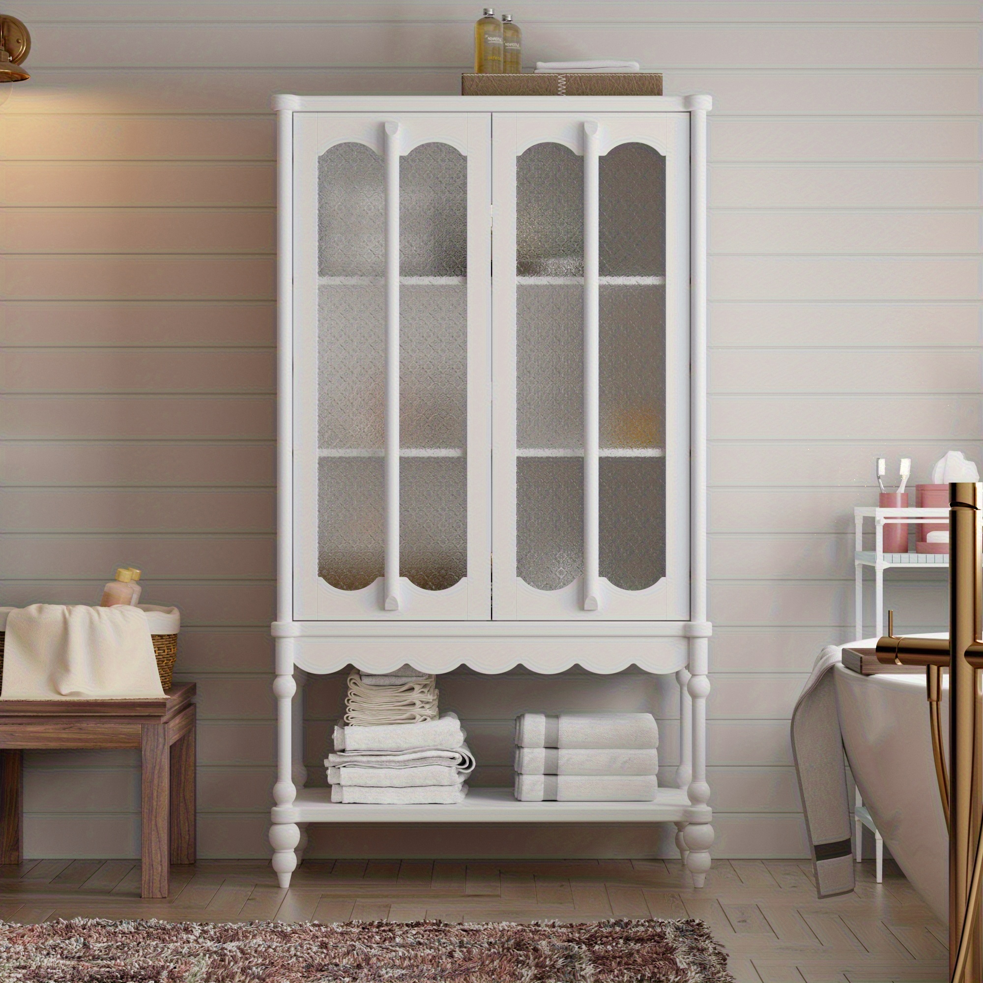 Modern Bathroom Cabinet With 3 Shelves And Open Shelf, Space-saving Accent Cabinet With Frosted Glass Doors, Storage Cabinet For Living Room Bathroom, Stylish Design, White