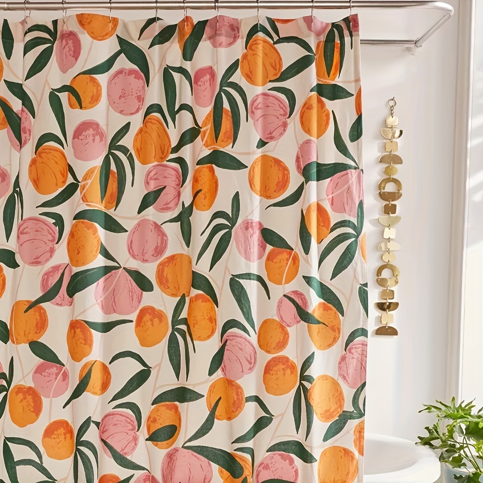 TEMU 1pc Pure Polyester Shower Curtain Featuring A Of Cartoon Peaches, Complete With 12 Plastic Hooks For Decoration