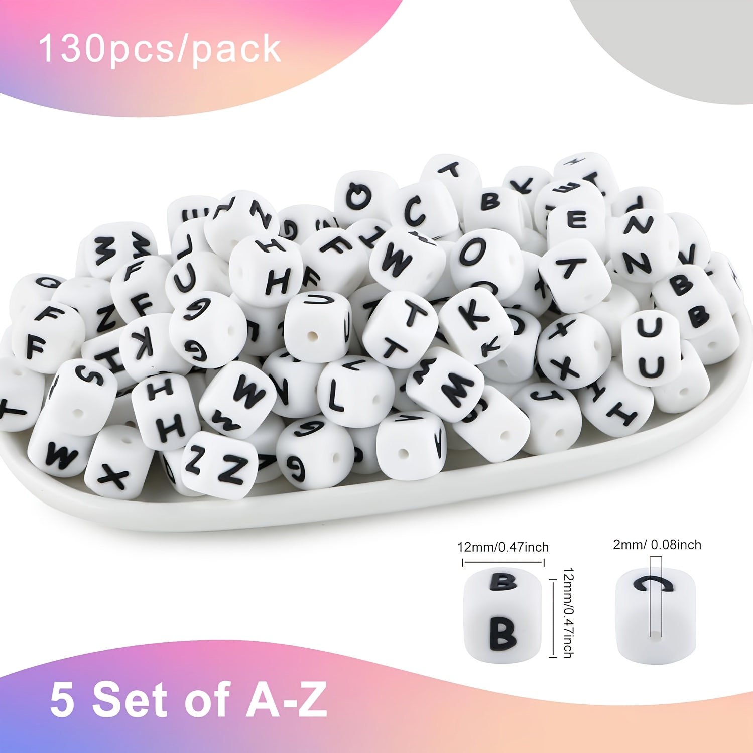 E-shop 130 Stück Große 12mm Weiße Quadratische Silikon-Alphabet-Perlen A-Z (Großbuchstaben & Kleinbuchstaben) - Glatte Würfel-Buchstaben für DIY