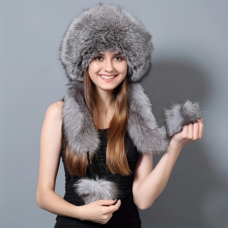 

1pc Festive Style Women's Fur Beret Hat With Integrated Scarf - Thickened Winter , Non-stretch, Lightweight, Perfect Christmas Gift, Hand Wash/, 100% Polyester