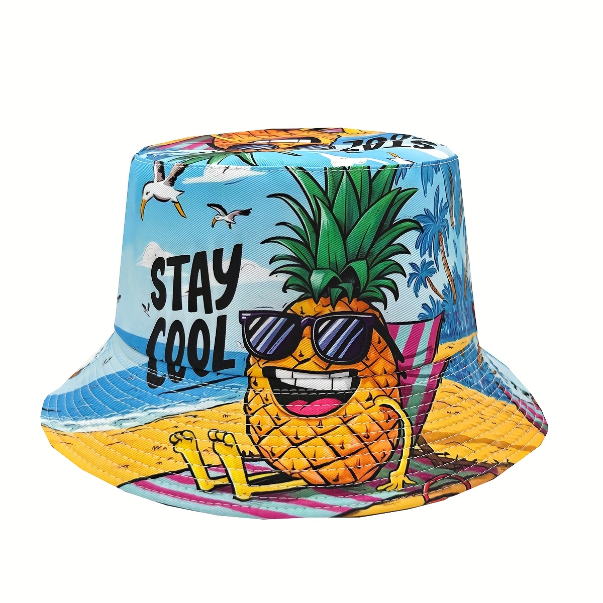 Casual Summer Cool Pineapple Pattern Printed Bucket Hat, Unisex Outdoor Vacation Lightweight Reversible Bucket Hat