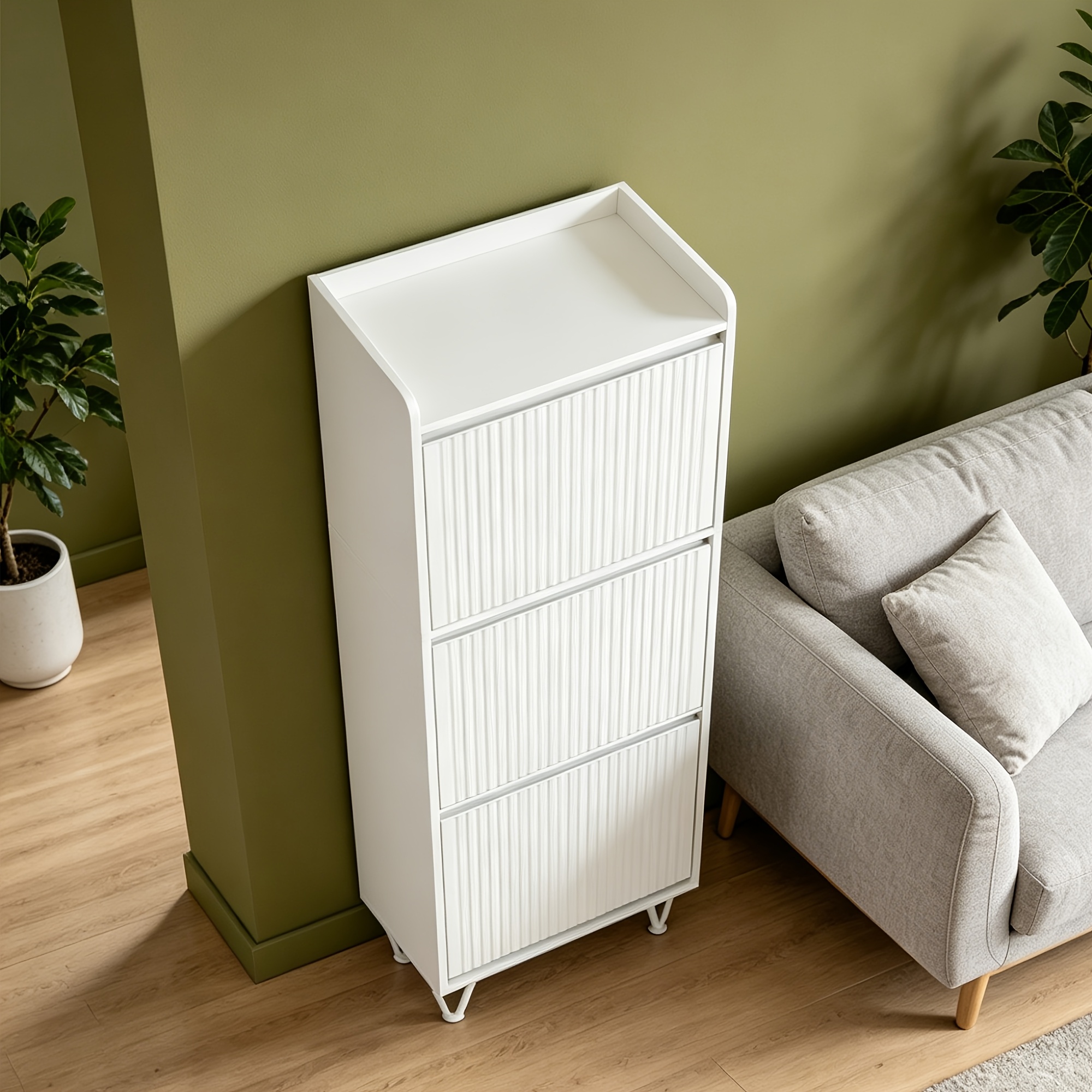 Slim, Silvery-white, Wave-door Shoe Cabinet With 3 Hinged Doors, Large Capacity, Adjustable Entryway/hallway Wardrobe/standing Shoe Cabinet.