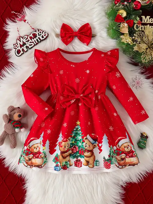woolen christmas dress Girls Long Sleeve Christmas Fairisle Sweater Dress - RED