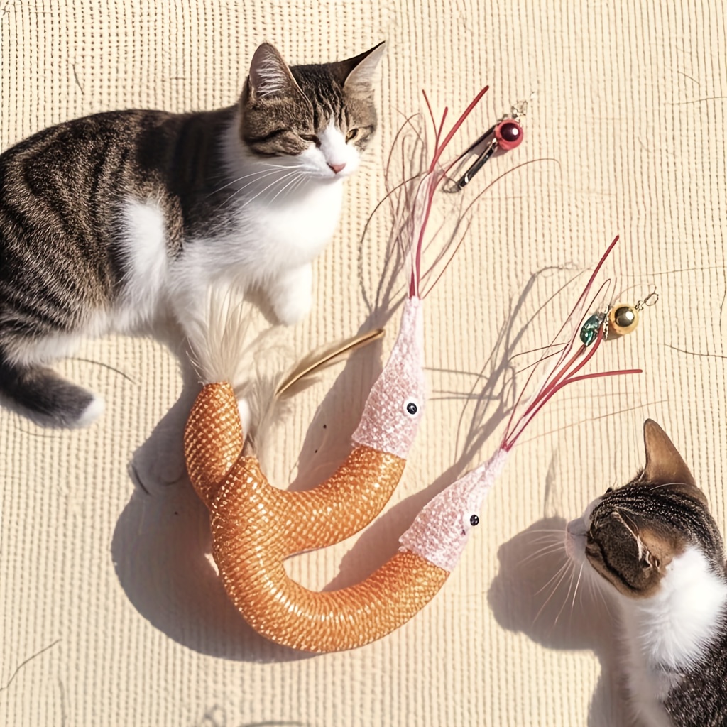 2pcs Cat Teeth Cleaning Shrimp Chew Toys - Plastic, Pet Self-Heeling Audible Toys, Random Color Bells, Rich Scent, Cat Teaser Replacement Heads, All Breed Sizes, No Batteries Required, Cat Teeth Cleaning Toys, Vibrant Feathers, Durable Toys