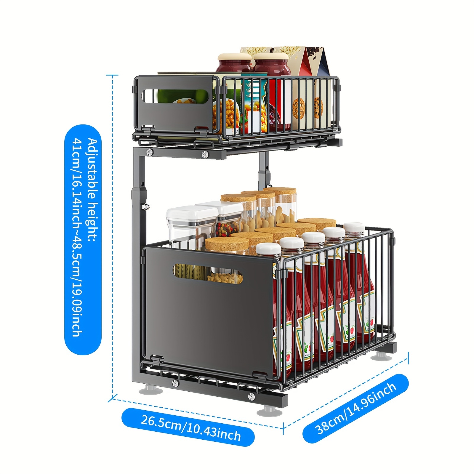 2-tier Pull-out Storage Rack With Suction Cups - Multifunctional Metal Wire Organizer For Kitchen, Bathroom