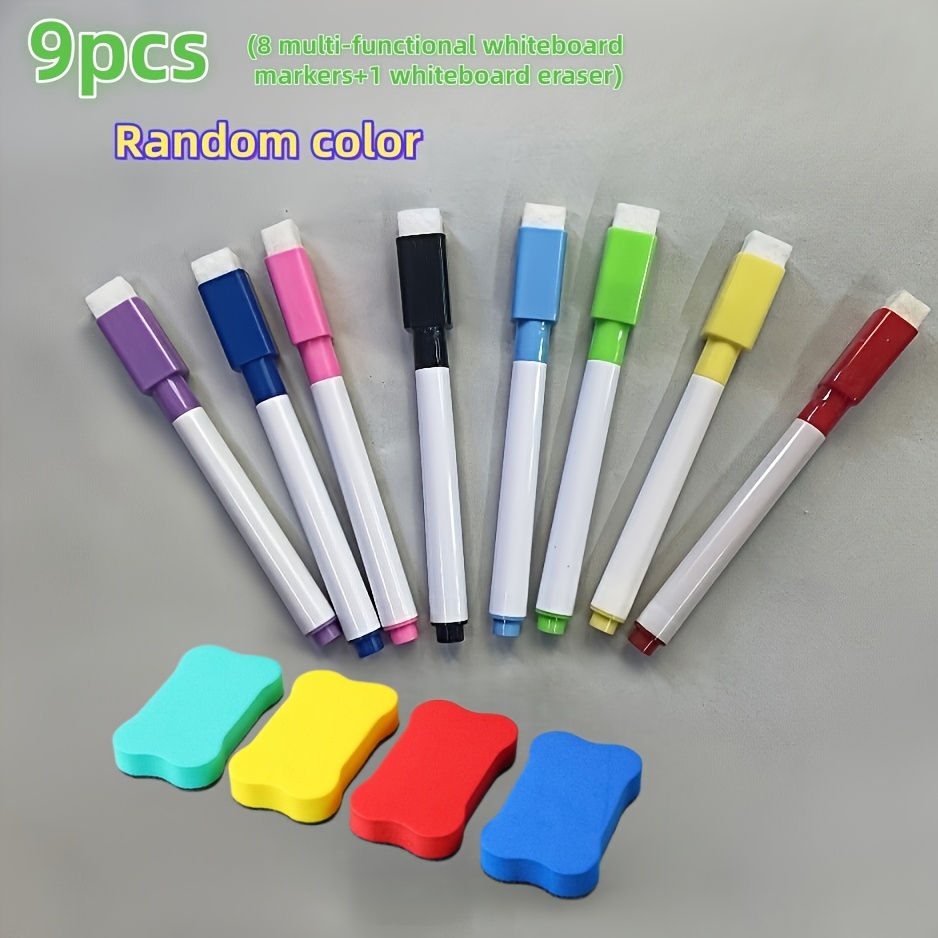 TEMU 9pcs(8 Whiteboard Pens+ 1 Whiteboard Eraser) With Random Colors. Smooth Writing Experience. Suitable For Office Whiteboards, Classroom
