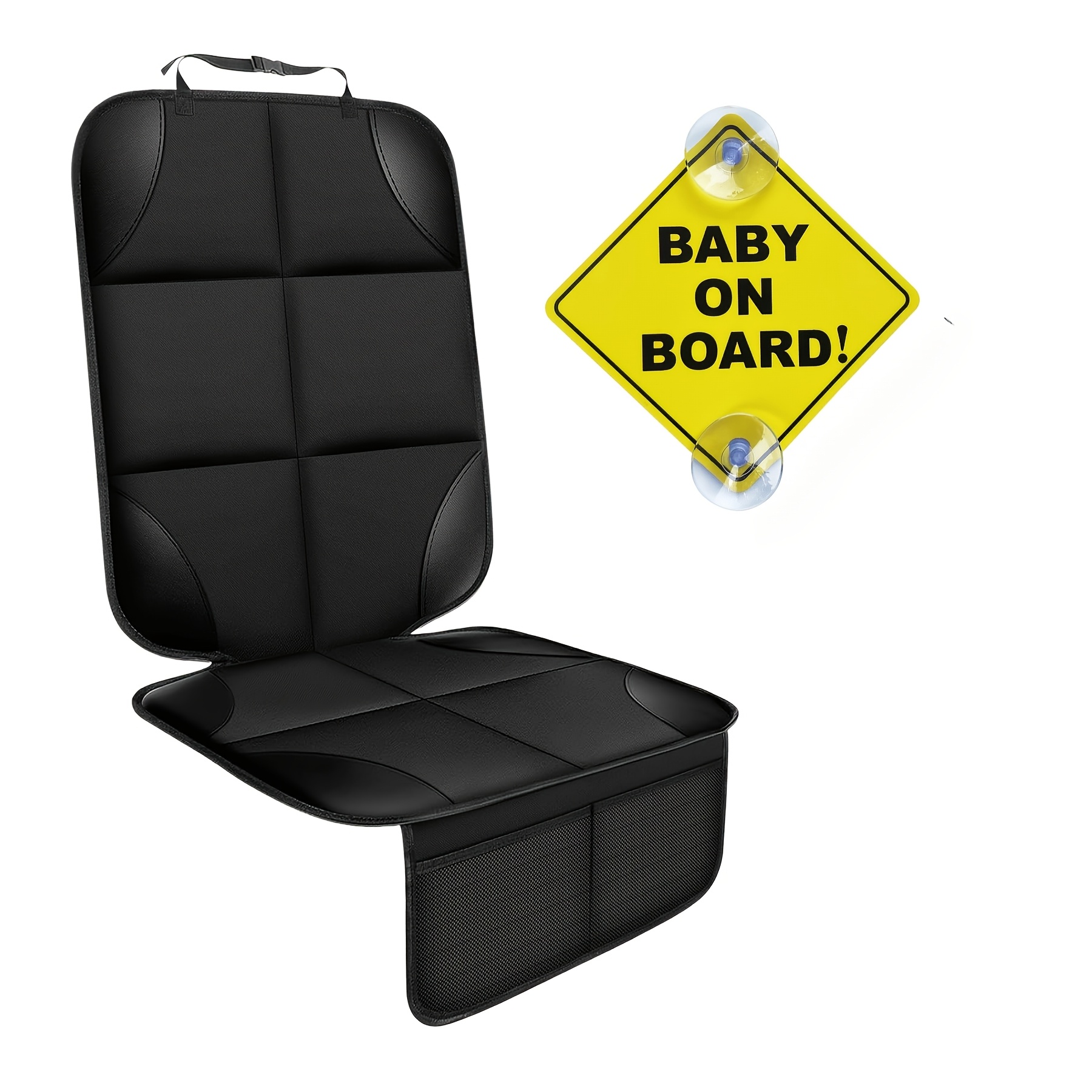 TEMU Car Seat Protector, Including Baby On Board Warning Car Sticker, Car Seat Cover With Thick Padding, Universal Size With Storage Mesh Pockets,