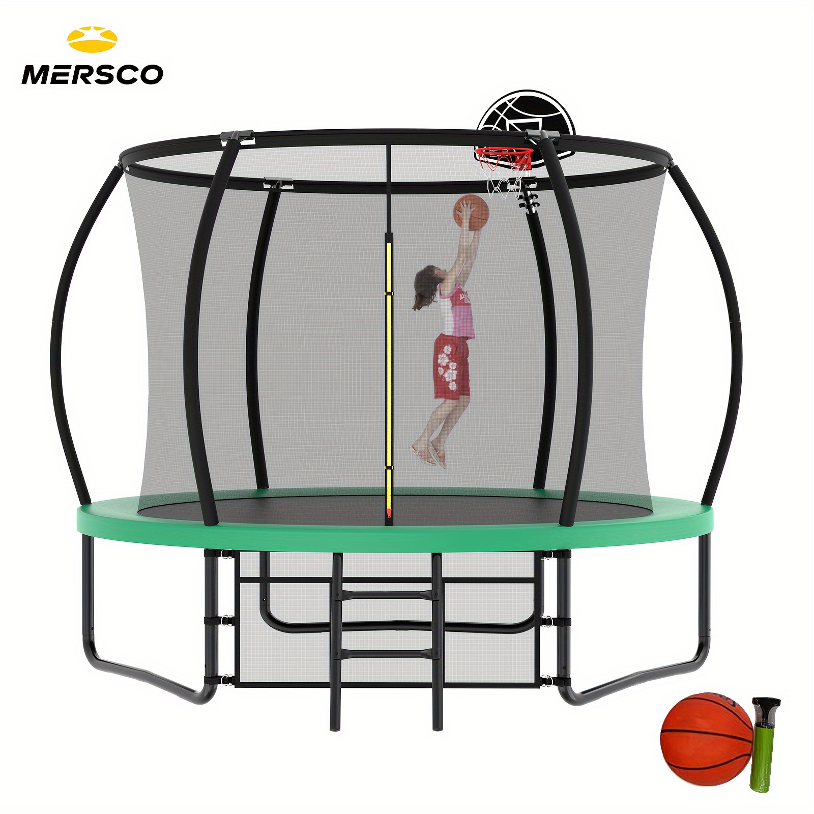 

Mersco 10ft Outdoor Green Trampoline With Basketball Hoop And Ladder, Pumpkin Design Recreational Trampoline With Safety Enclosure And Antirust Coating - 2024 Upgraded, As Halloween Gift