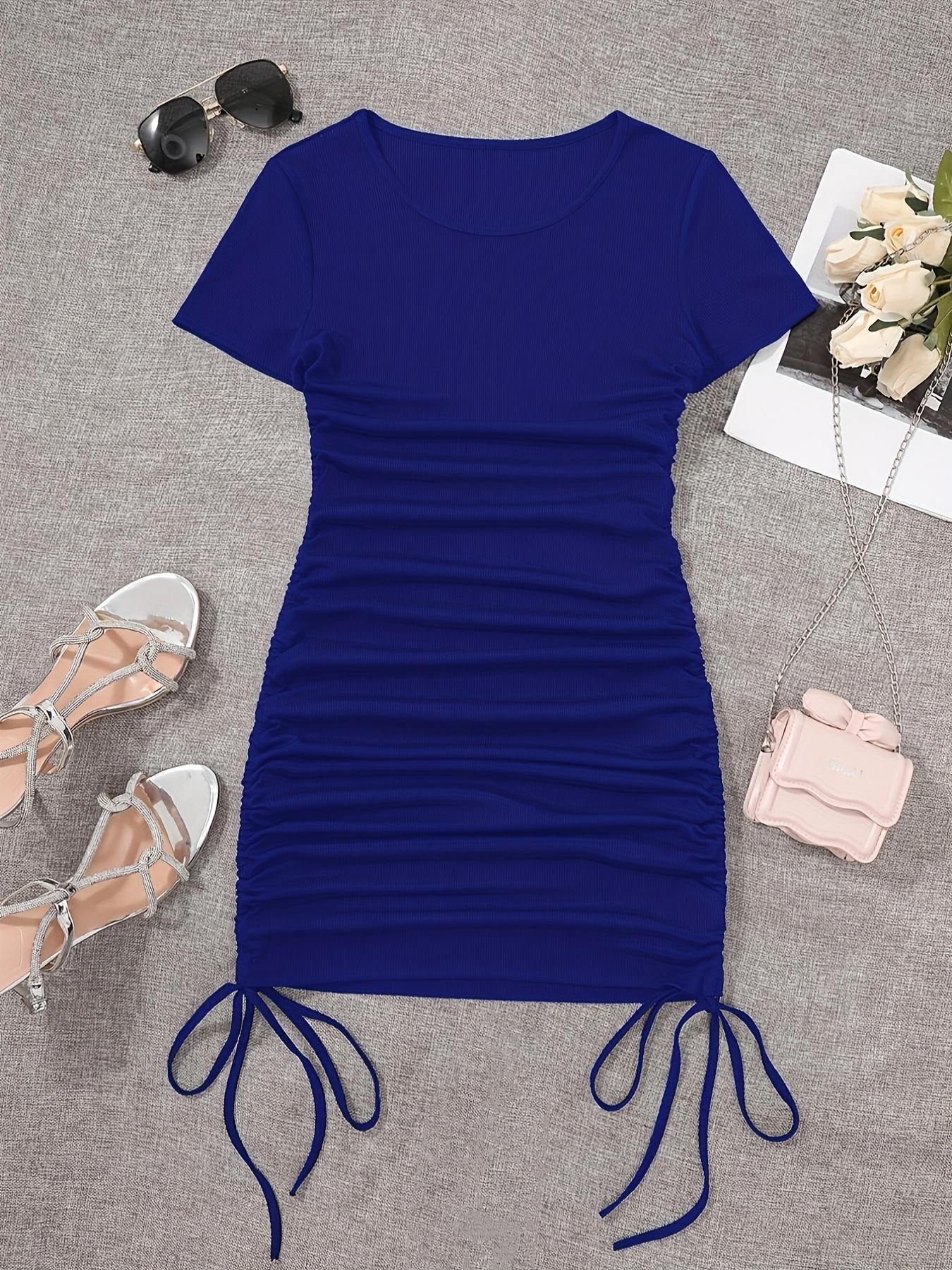 womens stretchy bodycon dress solid color round neck short - Temu