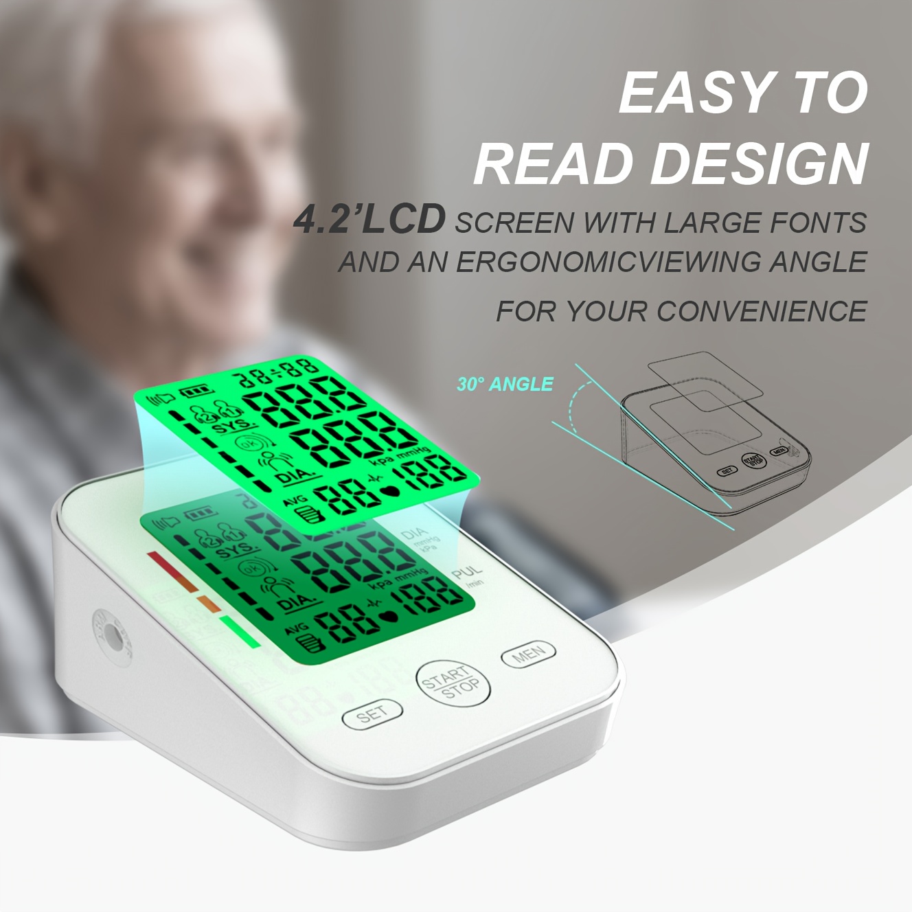 Fully Automatic Upper Arm Blood Pressure Monitor with Adjustable 22–42cm Cuff, Large LCD Display, 2 × 99 Memory, Heart Rate Monitoring, Positioning Guidance (Measuring Pose Reminder), 60‑Second Readings, Battery or USB Powered, Home Use & Elder Care