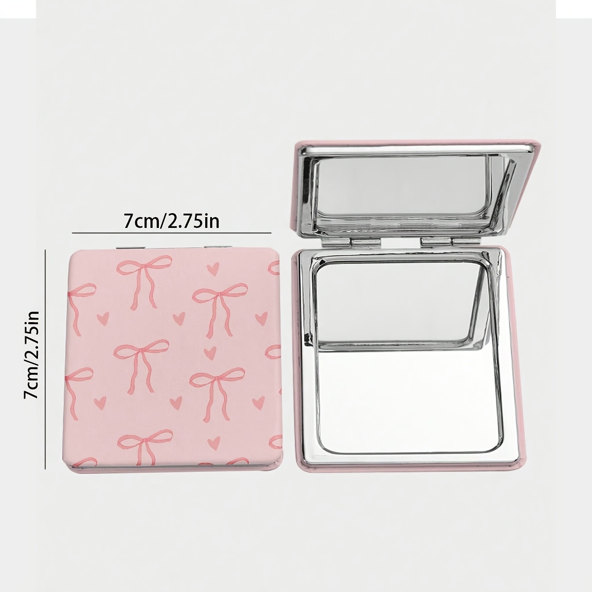 TEMU 1pc Pink Bow And Heart Pattern Square Makeup Mirror, Portable Handheld Mirror, Suitable For Girls (random Pattern Position)