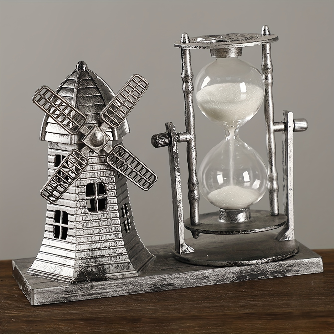 

Vintage Silver Windmill Hourglass Timer - 1pc Decorative Sand Timer For Office, Bar Cabinet, Dining Table Decoration - Perfect Gift For Him/her - No Electricity Required