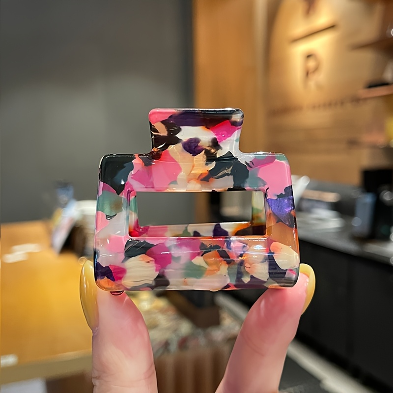 TEMU A Single Square Hair Clip Featuring A Colorful Marble Pattern Made Of Acetate Resin, Designed With A Hollow Structure To Prevent Slipping. Ideal For Women