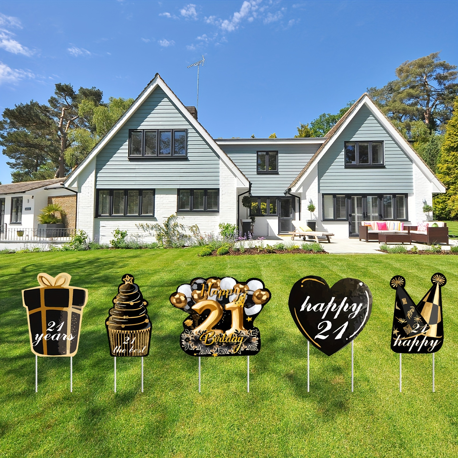 

5pcs, Black And Golden 21 Year Old Birthday Party Decoration Twenty 1 Years Old Birthday Lawn Sign Yard Decor Outdoor Garden Yard Lawn Sign Birthday Party For Photography Props