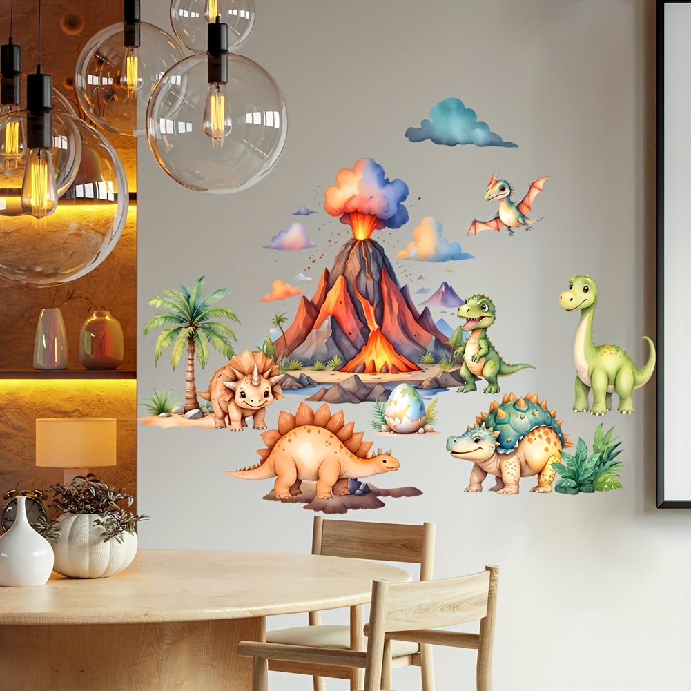 Watercolor Dinosaur Volcano Scene Theme Wall Sticker Suitable For Bedroom Living Room Sofa Background Wall Decoration Wall Sticker