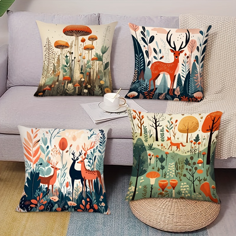   forest deer and mushroom polyester throw pillow cover contemporary woven style for   room bedroom and sofa decor zipper closure hand wash only pillow insert not included details 0