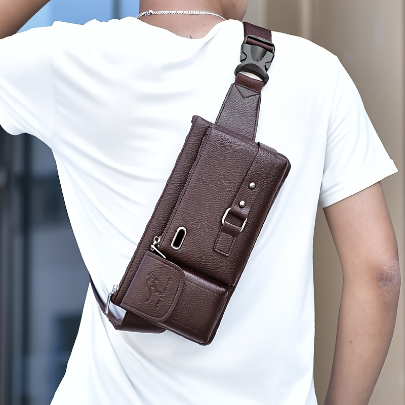 

Men's Pu Leather Sling Bag - Anti-theft, Chest Pack With Closure & Adjustable Strap For Casual