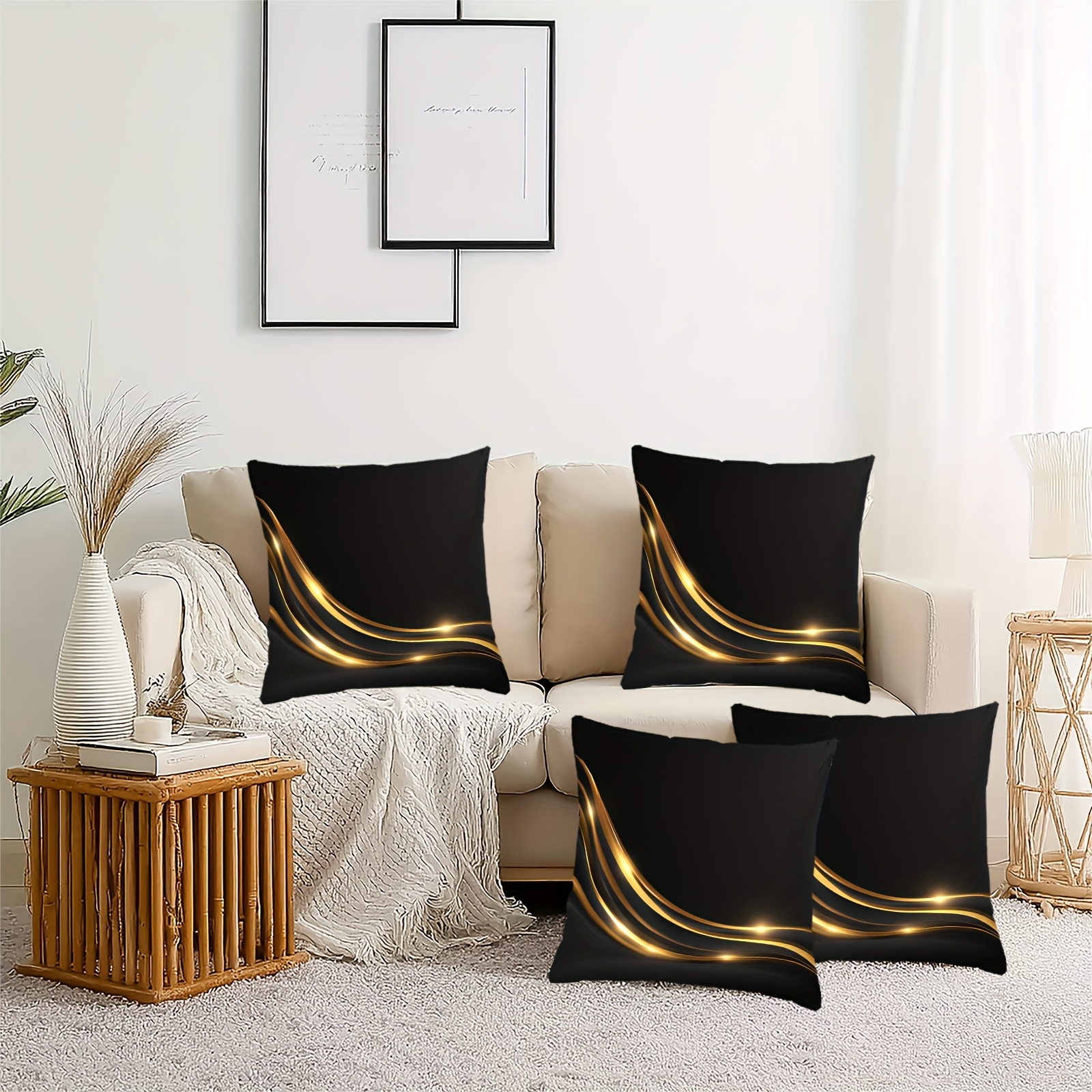 TEMU 4pcs Pillowcase Set With Black Background And Golden Flowing 2d Flat Pattern, 45cm*45cm, Ideal For Sofa, Living Room, Bedroom, And Office