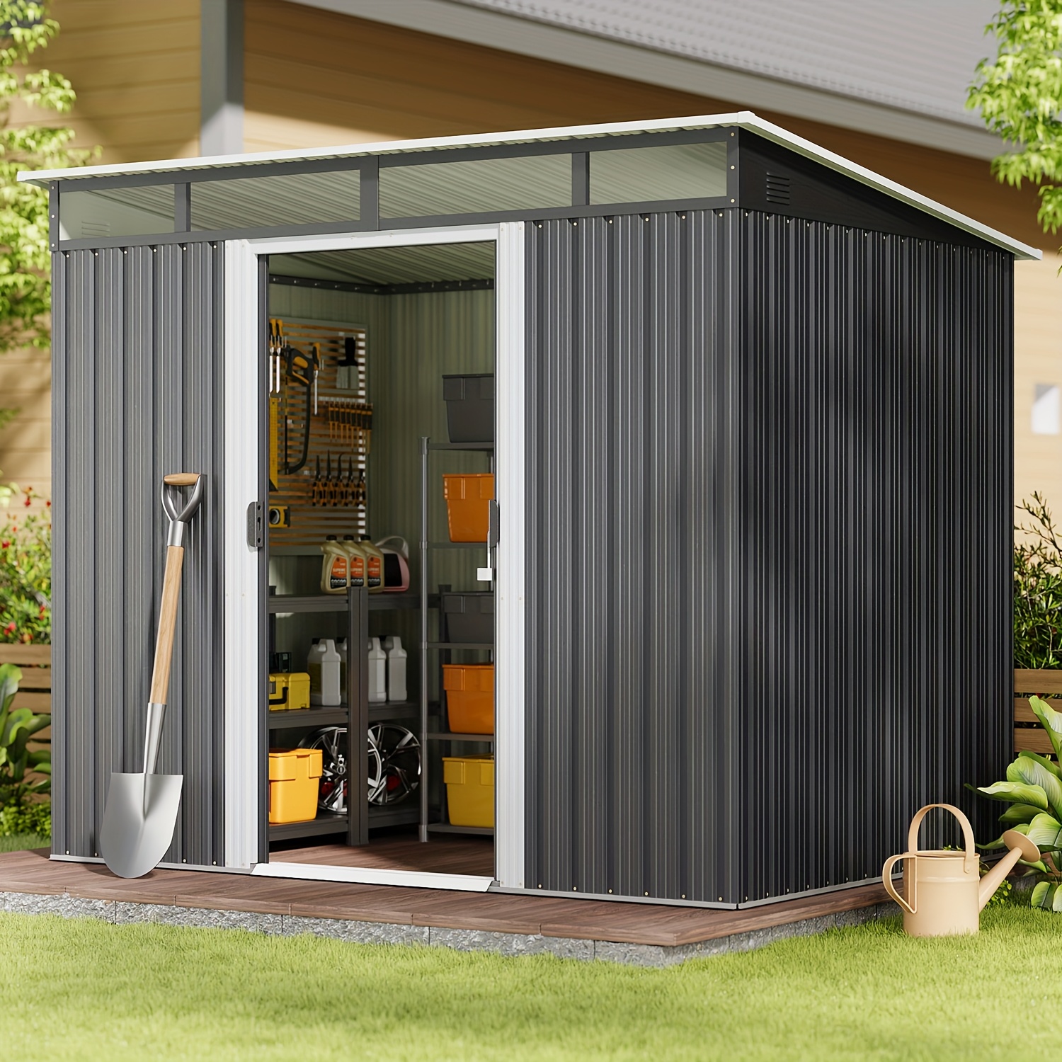 TEMU 8'x6' & 6'x4' Metal Garden Storage Shed With Lockable Sliding Doors & Transparent Windows - High Quality Outdoor Tool & Bike Shed For Backyard,