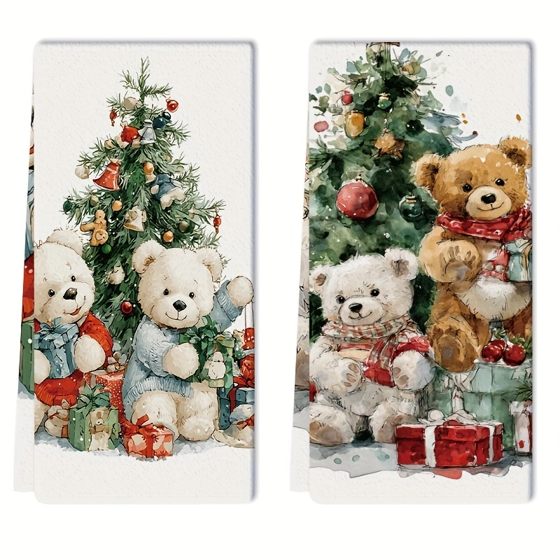 TEMU 2pcs 2pcs Microfiber Dish Towels Suitable & Bath, Absorbent With Christmas Tree & Bear Print, Decorative Suitable For Cooking, Baking, Parties,