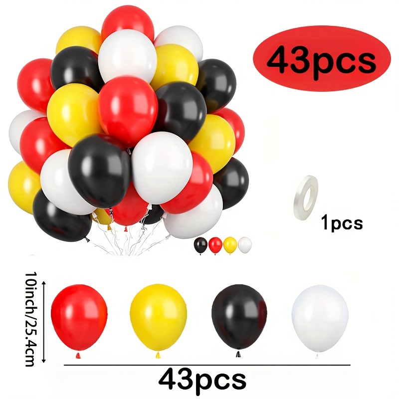 43pcs Red Black Yellow White Latex Balloons Kit | Mixed Color Balloons For Birthday, Wedding, Anniversary Party Decorations