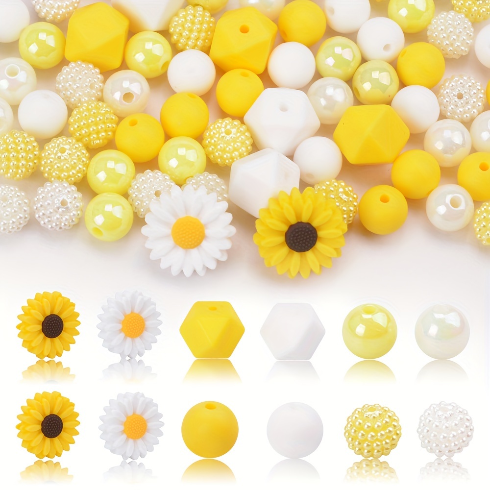 

68pcs Daisy Flower Silicone Beads Set, Acrylic Bubblegum Round & Hexagon Loose Spacer Beads, Waterproof Crafting Beads For Diy Necklace Bracelet Keychain Jewelry Making Supplies