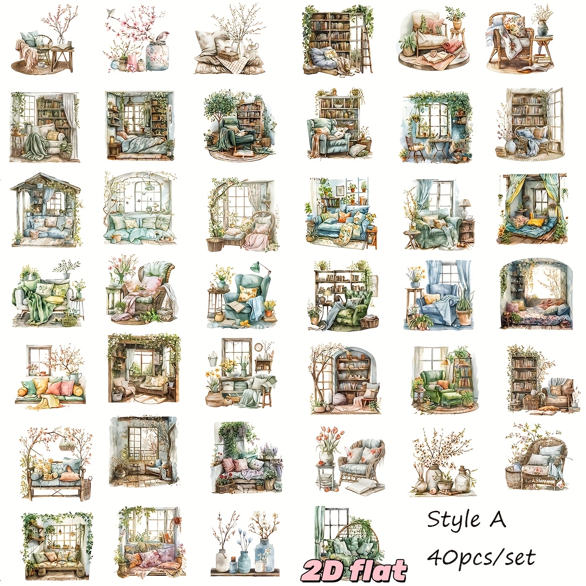 TEMU 40pcs/set Handmade Creative Retro European Home Garden Bookcase Flower Leisure Reading Series 2d Flat High Quality Stickers Suitable For Garbage