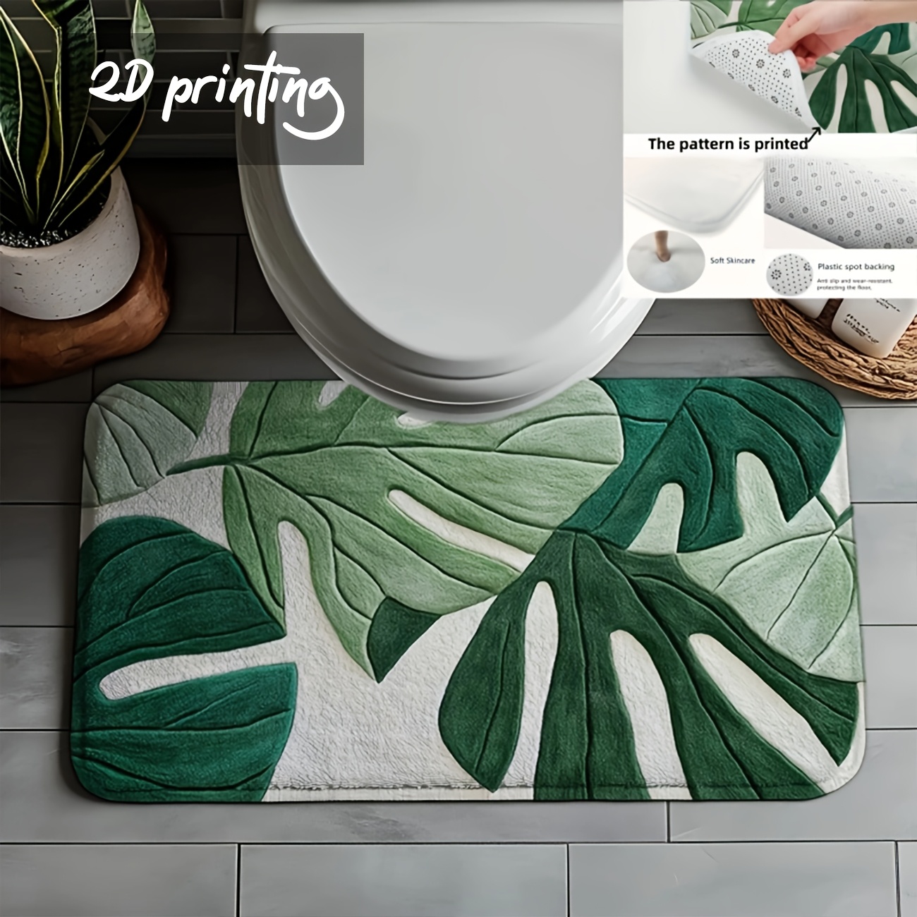Image of 1pc 2d Tropical Leaf Bath Mat, Durable And Easy To Clean, Suitable For Bathrooms, Kitchens, Bathtubs, Indoor And Entrances, Bedrooms, And Courtyards, Decorative Mat, Perfect For