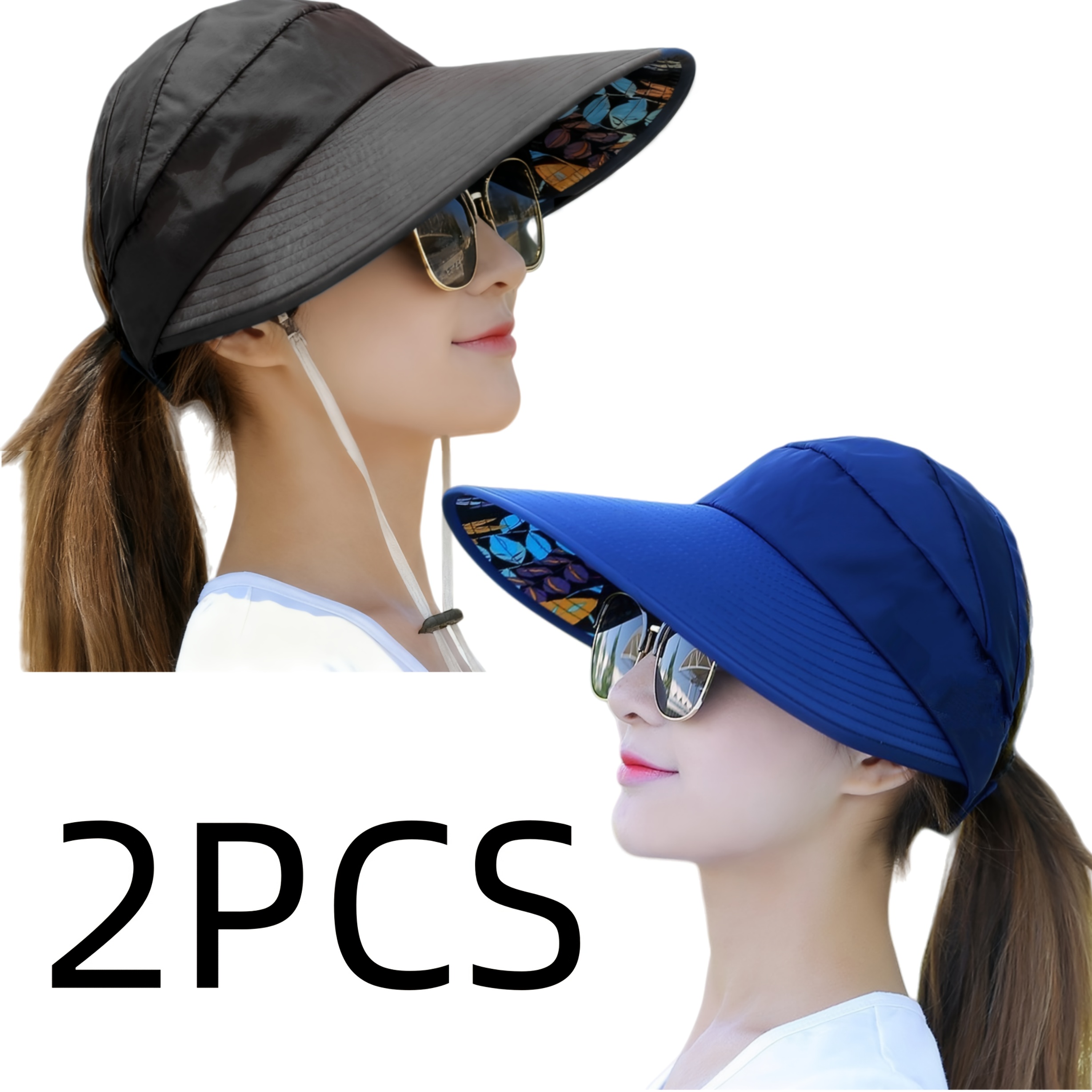 TEMU 2pcs Oversized Brim Solid Color Sun Hats, Sun Protection Hats, Casual Hats, Outdoor Hats, Travel Hats With Adjustable Buckle And Ponytail Hole,