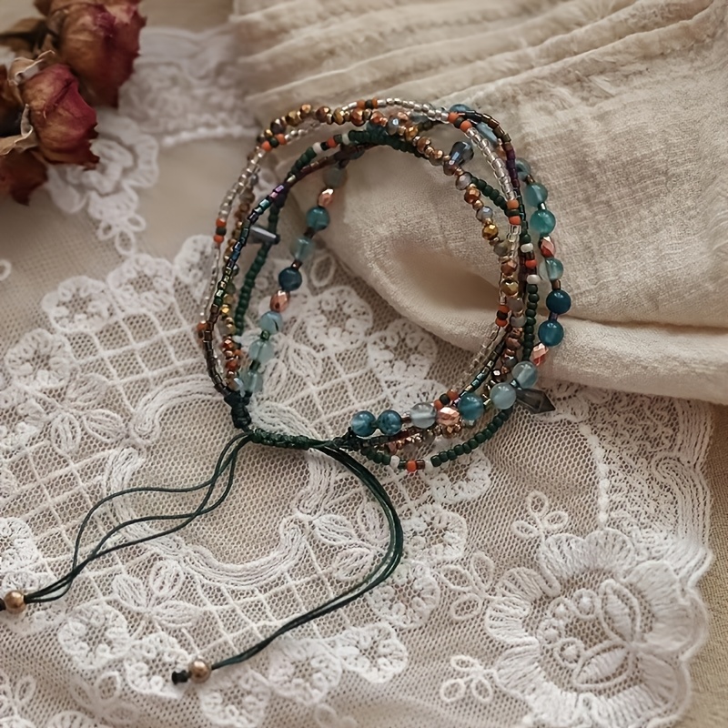 E-shop 1 Stück Vintage Bohemian Style Ethnische Bunte Perlen Handgefertigtes Gewebtes Armband, ein Mehrschichtiges Stapelarmband für Frauen, Geeignet