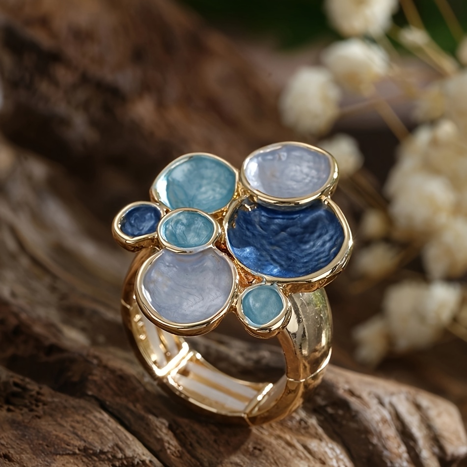 TEMU Design Ring, Kc Plated Blue Enamel Elastic Ring For Women, Adjustable Finger Rings, Statement Jewelry Bohemian Fashion Jewelry Gift For Daily