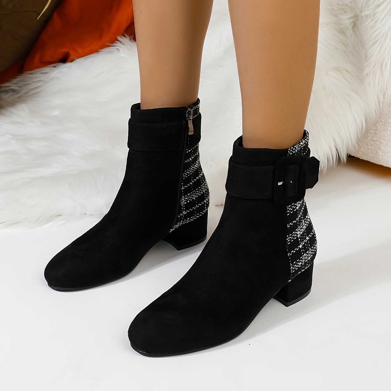 Women's Chunky Heel Round Toe Ankle Boots with Side Zipper