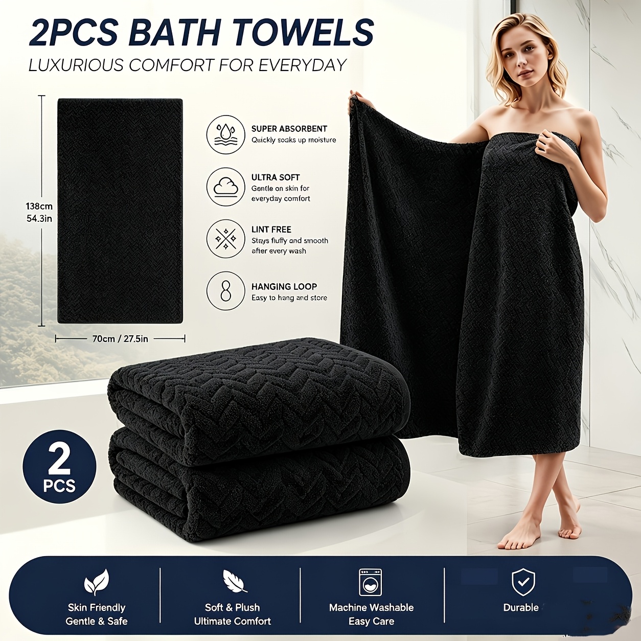 TEMU 2 Wheat Texture Bath Towels, 27.6 X 54.3 X 70 X 138cm, Soft And Absorbent Towels, Quick-drying And Lightweight Bath Towels, Suitable For