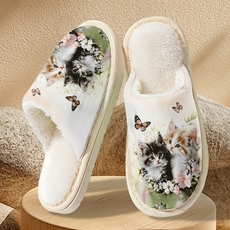 Image of Dance Cute Cat Floral Slippers. Adorable Kittens Frolic A Of Flowers, With Butterflies Fluttering By, A Warm And Atmosphere. The Slippers A Soft, Gentle, And Cozy Feel .