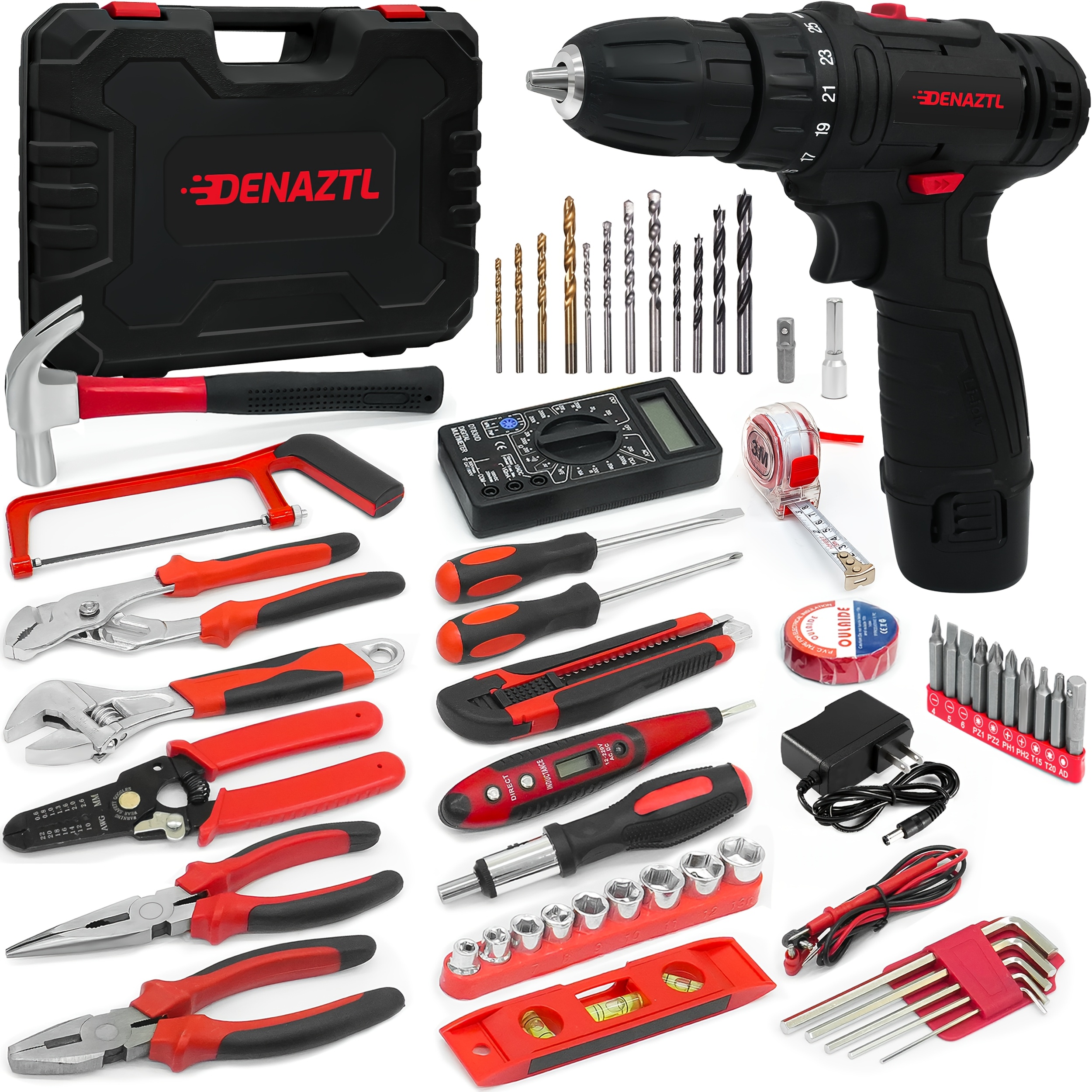 

12v Cordless Electric Drill Set Combo Kit, 25+1 Torque Set Home Tool Set, Mechanical Auto Repair Tool Kit With Electric Drill For Maintenance, Red