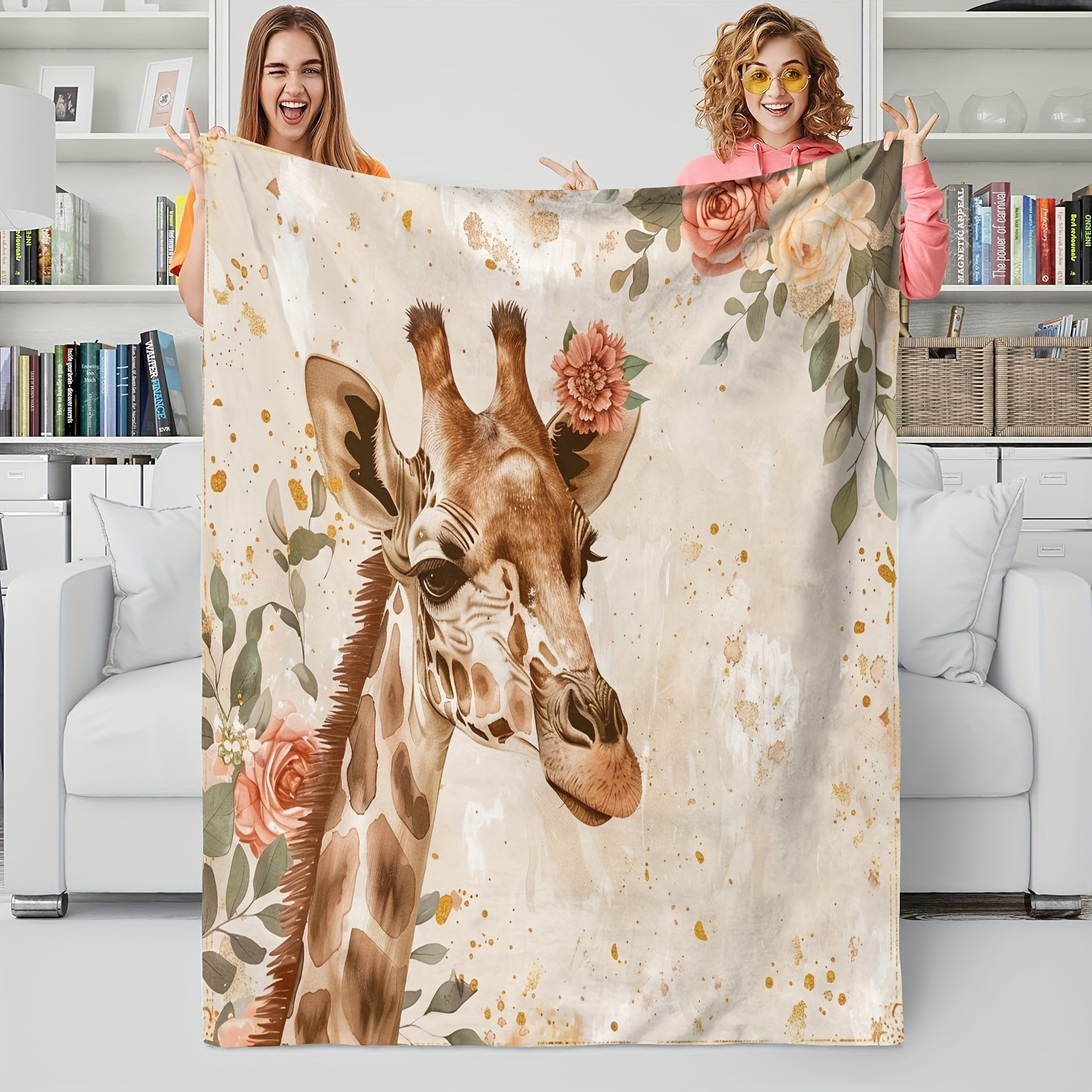 

Style Animal Theme Throw Blanket - Giraffe Illustration With Floral Accents, Soft Knitted Flannel Fleece, All-season Cozy Polyester Decorative Throw For Animal Lovers