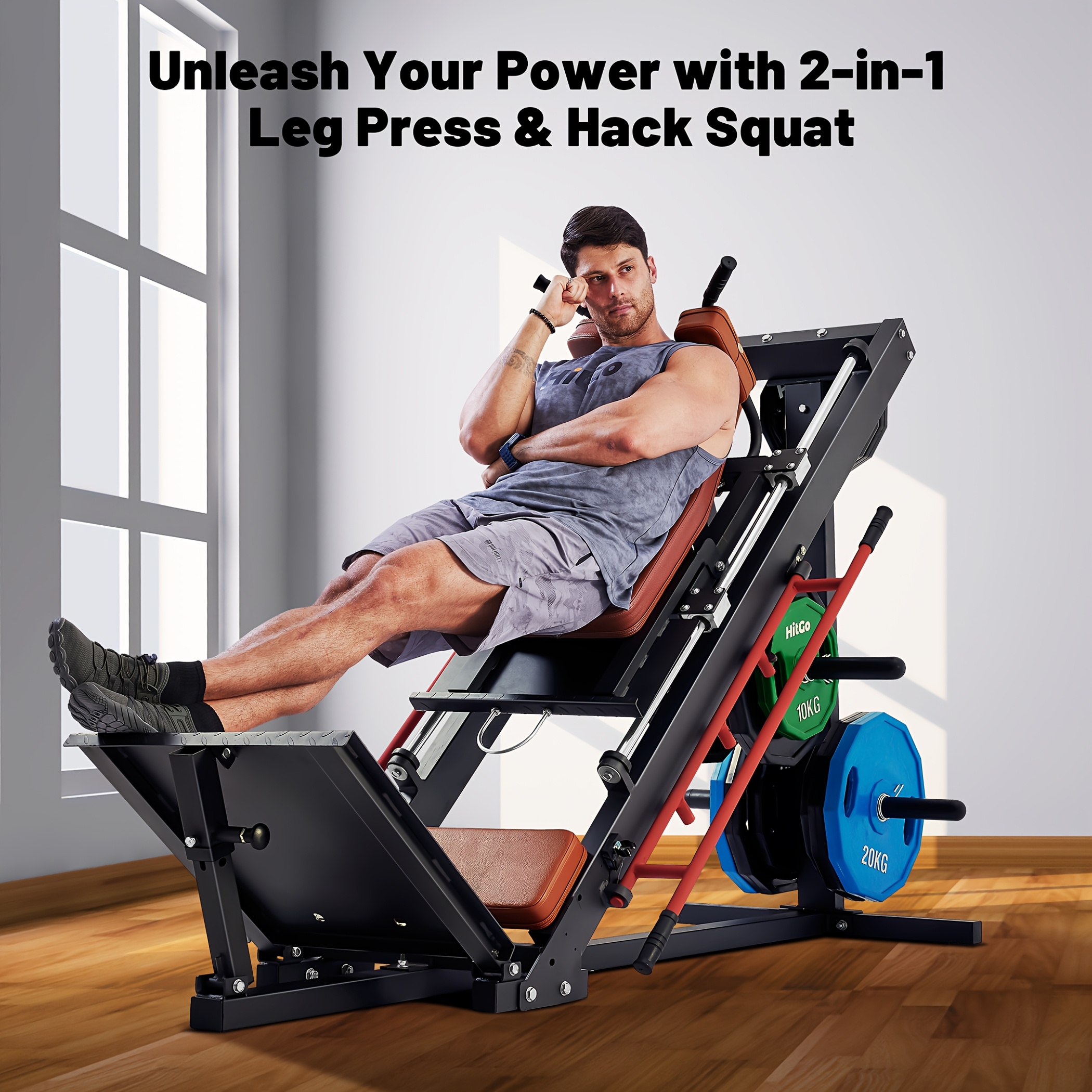 1   squat leg press combo machine convertible lower body trainer with heavy duty   adjustable   padded seat   in and grey Product details 10