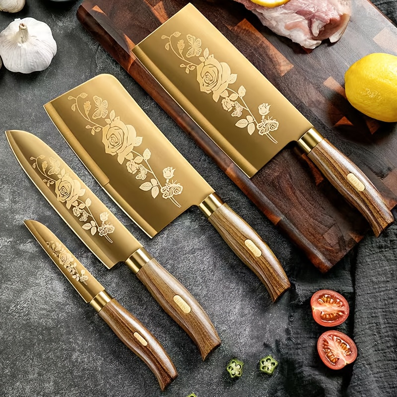 TEMU 4pcs Golden Stainless Steel Kitchen Knife Set, Bone Knife, Kitchen Knife, Chef Knife, Fruit Knife, Titanium Plated Craft Knife Combination, Very