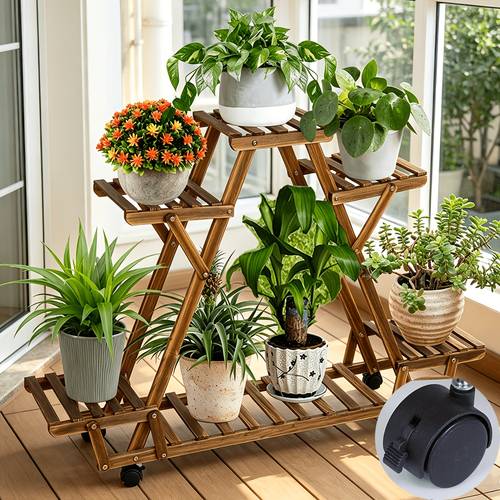 moblie 6 tier wood plant stand flower pot shelf with wheels display storage rack for garden yard patio outdoor indoor