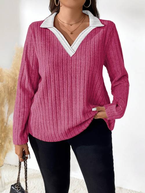 plus size plus size womens plus size solid color contrast collar long sleeve loose t shirt top
