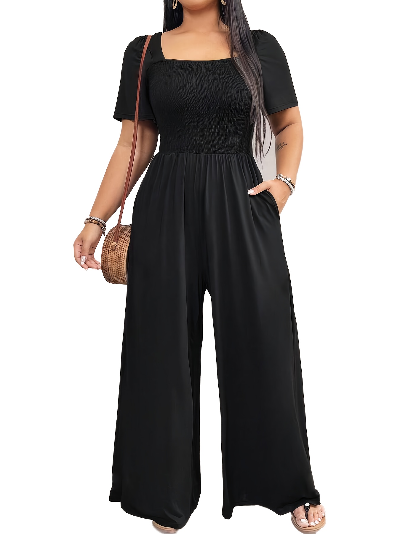 womens plus size casual jumpsuit black loose fit wide leg Temu