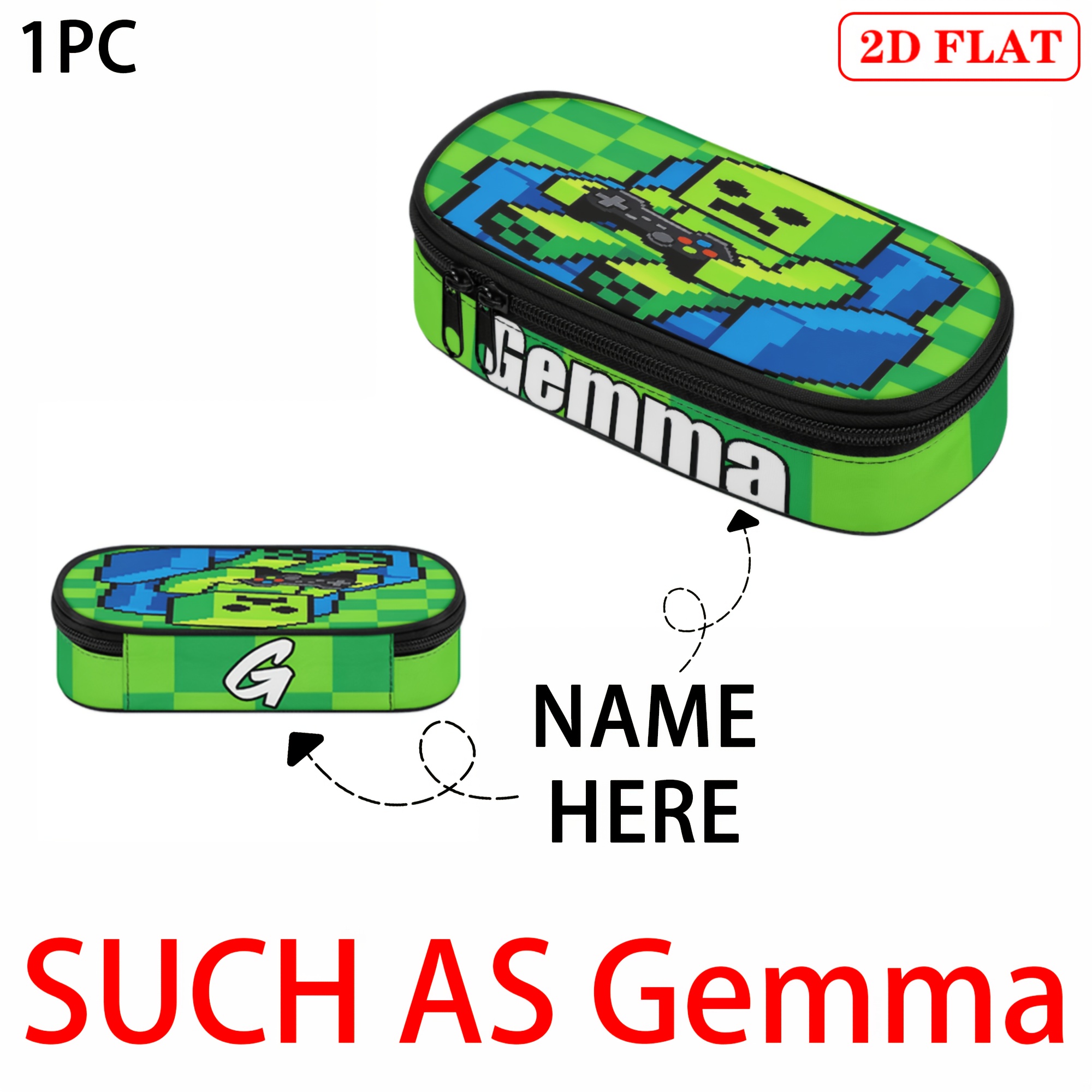 TEMU 1pc Custom Pen Case Your Name For Customization, 2d Flat, Green Creeper Pixel Chair, With Zipper Compartment, Durable Fabric, Suitable For