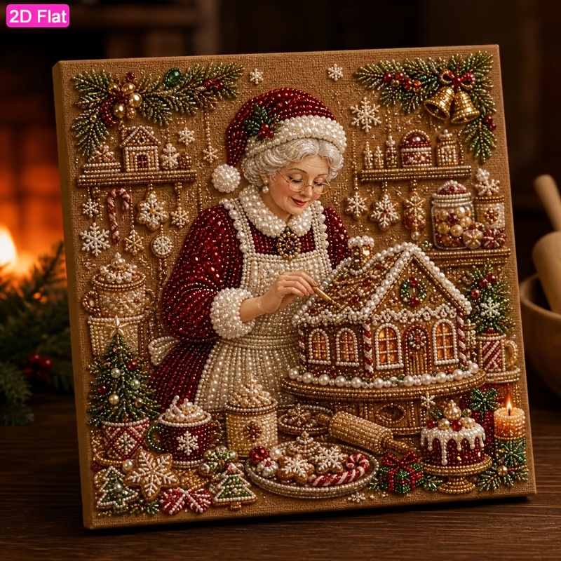 TEMU Pearl Art Diamond Painting Kit, 2d Flat 9.8x9.8 Inches - Christmas Grandma Decor Gingerbread House Pattern, Includes Round Pearls, Shiny Gems,