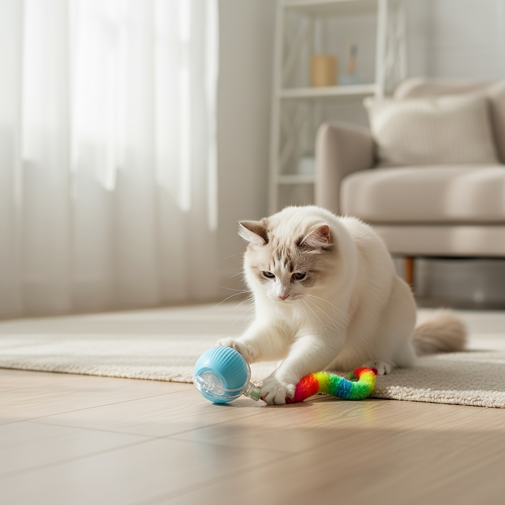 Automatic Rolling Cat Ball Toy with LED Light and Colorful Tail