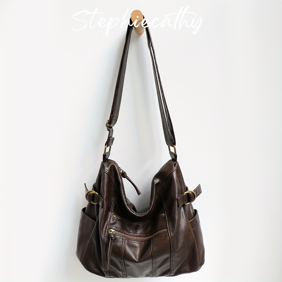 TEMU Women's Luxury Slouchy Soft Washed Pu Vegan Shoulder Bag Multi Functional Pockets Zipper Closure Adjustable Long Strap Cross Body Handbag Large