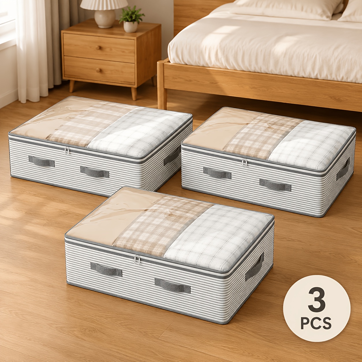 TEMU 3pcs Large Capacity Non-woven Fabric Storage Boxes With Striped Design & Suitable For Women's Clothing Organizer, Durable Polyester Rectangular
